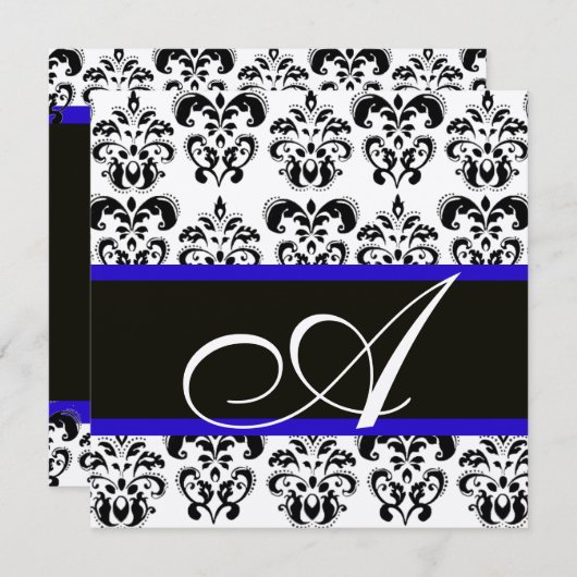 SCHWARZ, BLAU UND WEISS CHAMPAGNE DAMASK MONOGRAMM EINLADUNG (Vorne/Hinten)