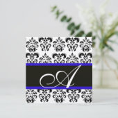 SCHWARZ, BLAU UND WEISS CHAMPAGNE DAMASK MONOGRAMM EINLADUNG (Stehend Vorderseite)