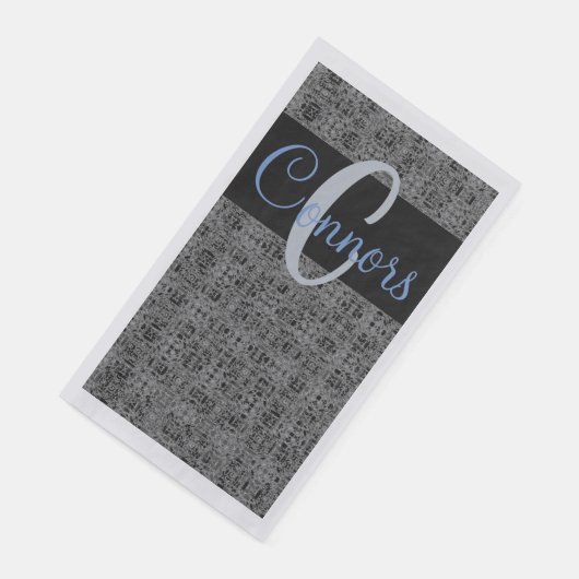 Schwarz Blau X's and O's Pattern Gray Monogram Serviette (Ecke)