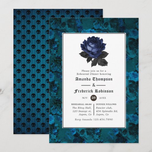 Schwarz-blauer gotischer floraler Probedinner Einladung (Vorne/Hinten)