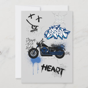 Schwarz-blaues Motorrad Graffiti grau Einladung