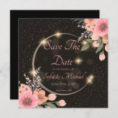 Schwarz/Blumen Save the Date Einladung (Vorne/Hinten)