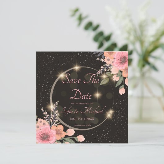 Schwarz/Blumen Save the Date Einladung (Stehend Vorderseite)