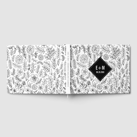 Schwarz-Blütenmuster Hochzeit Gästebuch (Voll)