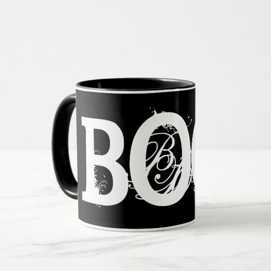 Schwarz "BOO!" Halloween Coffee Tasse (Vorderseite Links)