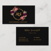 Schwarz-Bordeaux-Blüten Goldgeo-Monogramm elegant Visitenkarte (Vorne/Hinten)