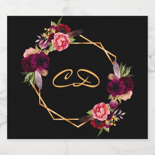 Schwarz-Bordeaux-Monogramm Schaumweinetikett (Einzelnes Label)