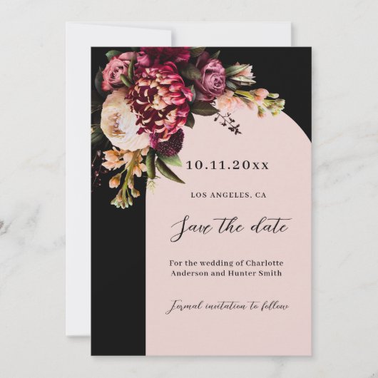 Schwarz-Bordeaux-Moody-Arch-Hochzeit Save The Date (Vorderseite)