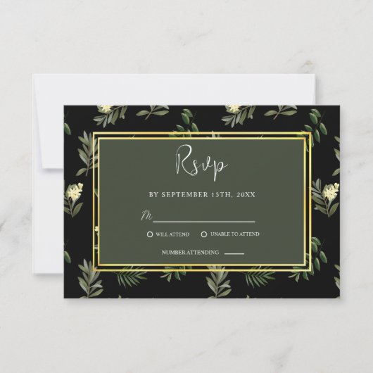 Schwarz Botanische Moderne Rustikale Hochzeit RSVP Karte (Vorderseite)