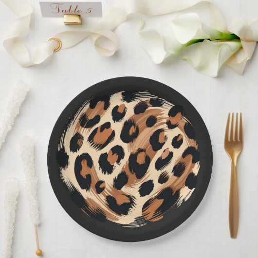 Schwarz Braun Creme Gemalt Leopard Tier Print Pappteller (Hochzeit)