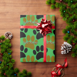 Schwarz-Braun-Dog Paw Print Individuelle Name Gree Geschenkpapier