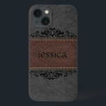 Schwarz-Braun-Leder-Schwarz-Blütenakzente iPhone 13 Hülle<br><div class="desc">Bild von Vintagem,  gealtertem,  schwarz und braun gestepptem Leder mit schwarzem dekorativem Blumenakzent und anpassbarem Monogramm.</div>