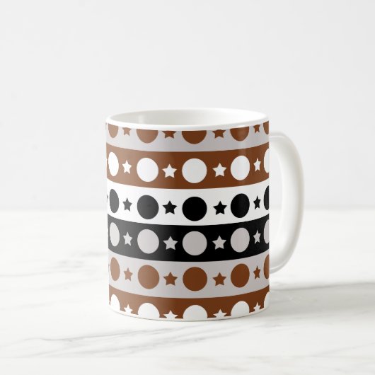 Schwarz-Braun-Weiße Punkte Sterne Streifen Design Kaffeetasse (VorderseiteRechts)