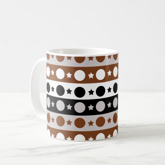 Schwarz-Braun-Weiße Punkte Sterne Streifen Design Kaffeetasse (Vorderseite Links)