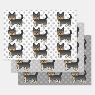 Schwarz-braunes Yorkshire-Terrier-Hundemuster Geschenkpapier Set