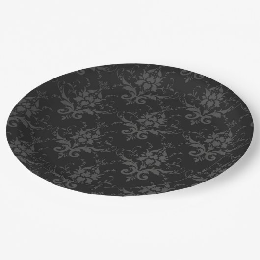 Schwarz-Brocade Muster Gothic Paper Plate Pappteller (Schrägansicht)