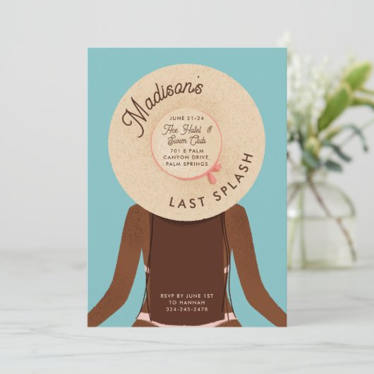 Schwarz Brünett Bachelorette Wochenende Pool Party Einladung (Stehend Vorderseite)