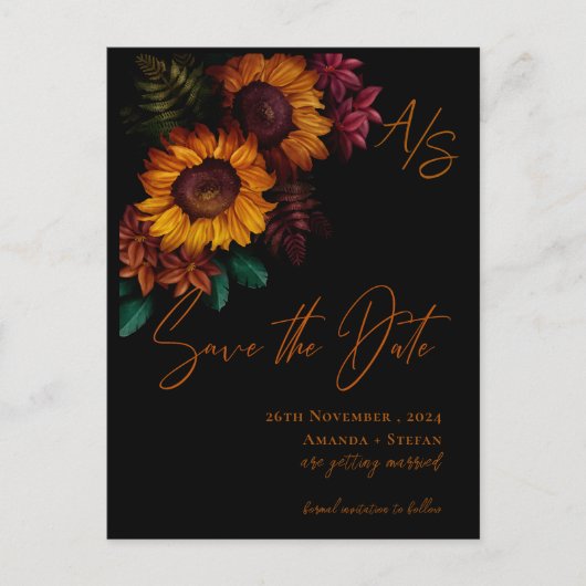 Schwarz Burnt Orange Monogram Wedding Save the Dat Postkarte (Vorderseite)