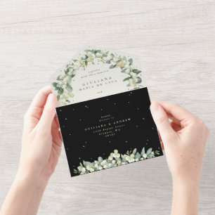 Schwarz/Creme Schneebeere + Eukalyptus Hochzeit All In One Einladung