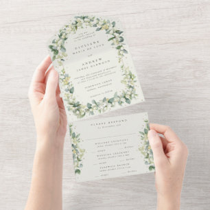 Schwarz/Creme Schneebeere + Eukalyptus Hochzeit All In One Einladung