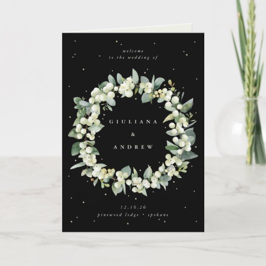 Schwarz/Creme Snowberry+Eukalyptus Winterhochzeit Programm (Vorderseite)