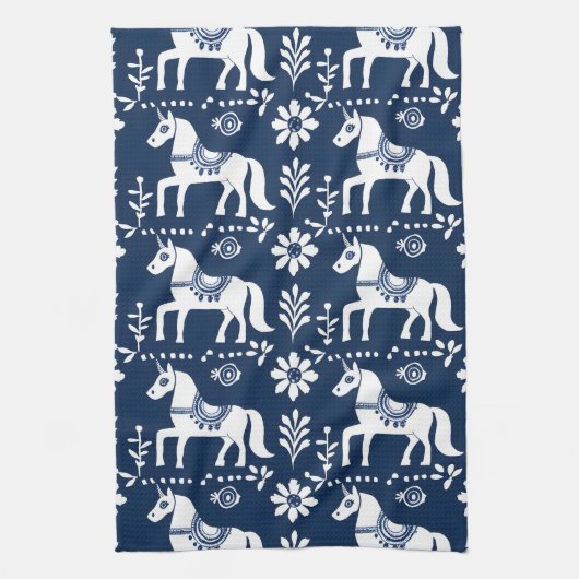 Schwarz-Dala-Pferde-Folklorekunst-Muster blau Geschirrtuch (Vertikal)