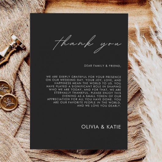 Schwarz Danke, Brief, Napkin-Anmerkung Menükarte