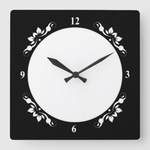 Schwarz Decorative Sq Uhr Vorderseite Weiße Zahlen