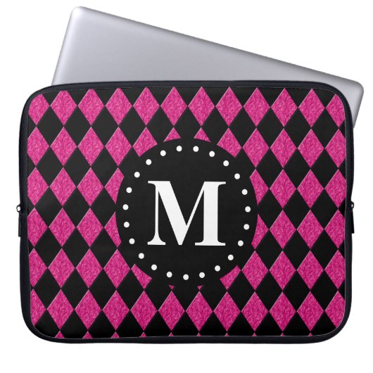 Schwarz-Diamant-Monogramm in Hot Pink Laptopschutzhülle (Vorderseite)