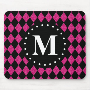 Schwarz-Diamant-Monogramm in Hot Pink Mousepad