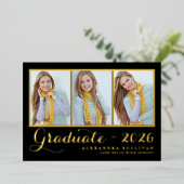 Schwarz-Drei-Foto Collage Abschluss Gold Folieneinladung (Stehend vorne)