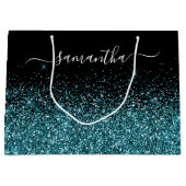 Schwarz/Dunkel Aquamariner Glitzer Eleganter Name Große Geschenktüte (Vorderseite)