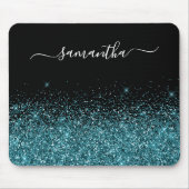 Schwarz/Dunkel Aquamariner Glitzer Eleganter Name Mousepad (Vorne)