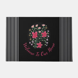 Schwarz Dunkelgrau und Fuchsia Flower Accented Fußmatte