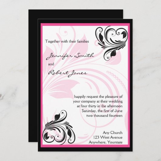 Schwarz-Dunkelrosa-Blütenhochzeit Einladung (Vorne/Hinten)