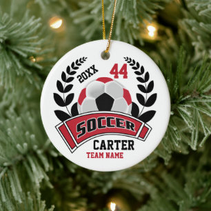 Schwarz, Dunkelrot und Weiß personalisieren Fußbal Keramik Ornament