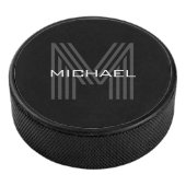 Schwarz Einfach Modernes Minimalistisches Monogram Eishockey Puck (3/4)
