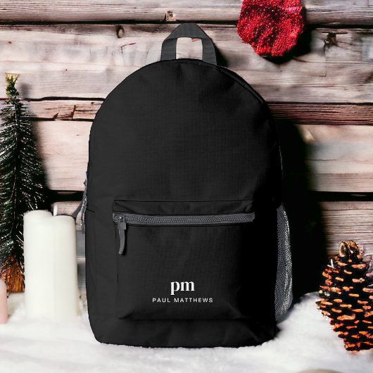 Schwarz Einfache Minimalistische Monogramm und Nam Bedruckter Rucksack