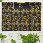 Schwarz-einfarbiges Monogram-Gold-Floral-Druckmust Geschirrtuch (Gefaltet)