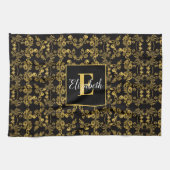 Schwarz-einfarbiges Monogram-Gold-Floral-Druckmust Geschirrtuch (Horizontal)