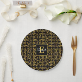 Schwarz-einfarbiges Monogram-Gold-Floral-Druckmust Pappteller