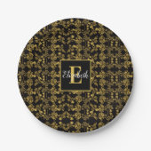Schwarz-einfarbiges Monogram-Gold-Floral-Druckmust Pappteller (Vorderseite)