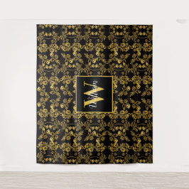 Schwarz-einfarbiges Monogram-Gold-Floral-Druckmust Wandteppich