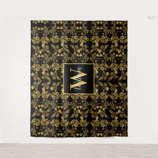 Schwarz-einfarbiges Monogram-Gold-Floral-Druckmust Wandteppich (Vorderseite)
