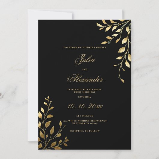 Schwarz-Elegant-Floral Monogram-Hochzeit Einladung (Vorderseite)