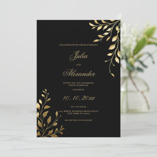 Schwarz-Elegant-Floral Monogram-Hochzeit Einladung (Stehend Vorderseite)