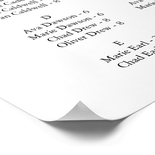 Schwarz Elegant Moderne Script Calligraphy Seating Poster (Ecke)