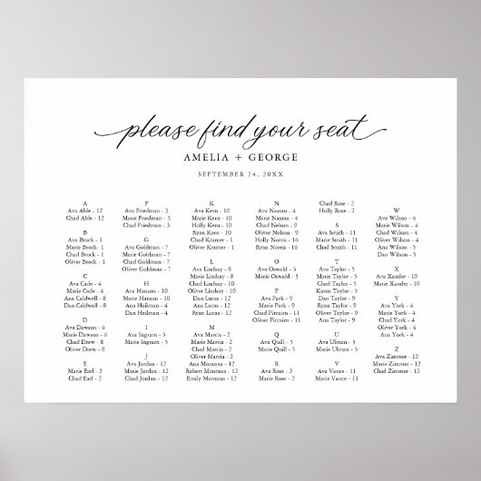Schwarz Elegant Moderne Script Calligraphy Seating Poster (Vorne)