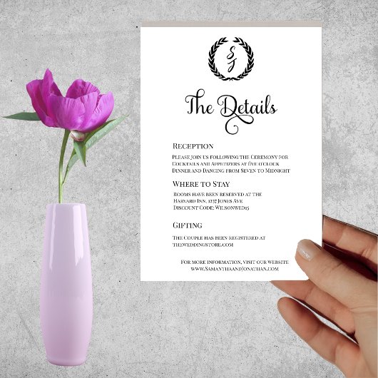 Schwarz-Elegant-Monogramm-Karettweiße Detailkarte Einladung