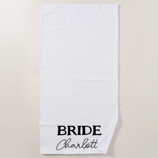 Schwarz Elegant Script Bride White Strandtuch (Vorderseite)